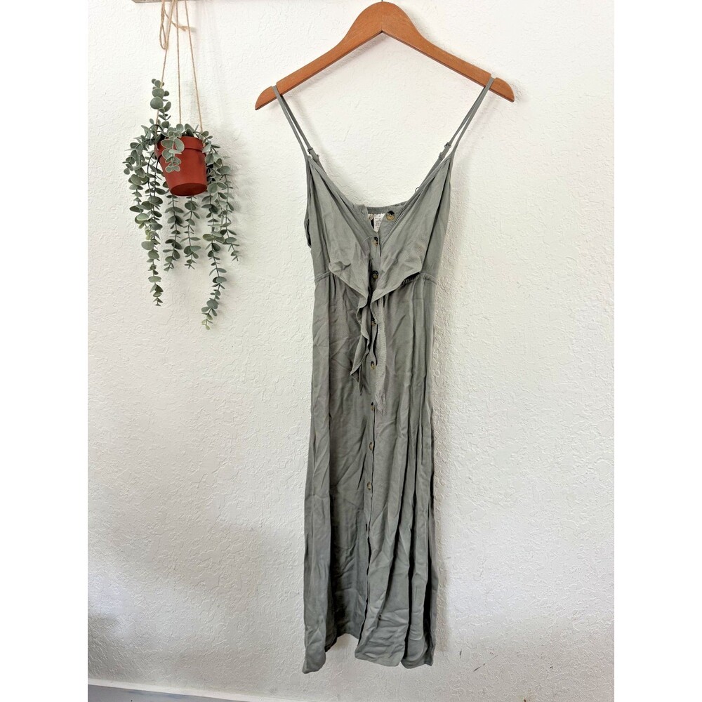Mimichica Olive Green Button Front Midi Dress XS Ruffle Tie Front Sundress